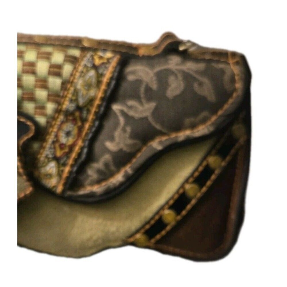 Vintage Mary Frances Suede Bag Clutch Chartreuse Brown Floral Beaded Checkered - Picture 13 of 14